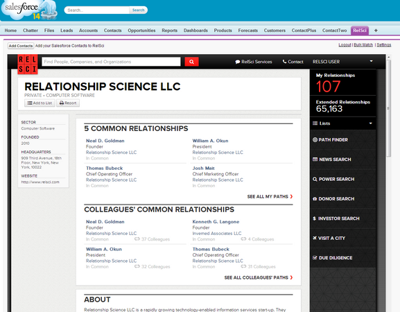 RelSci (Relationship Science) connects companies, CEOs, non-profits, board members, and key donors